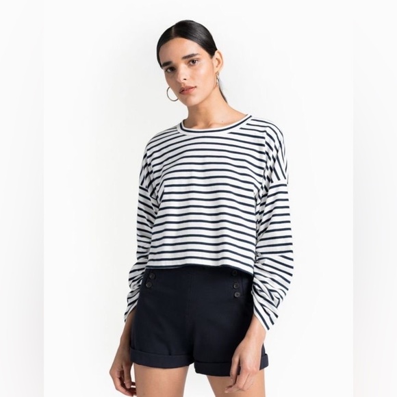 A.L.C. Tops - A.L.C. Madison Striped Nautical Rouched Long Sleeve Boxy Crop Top in Midnight S